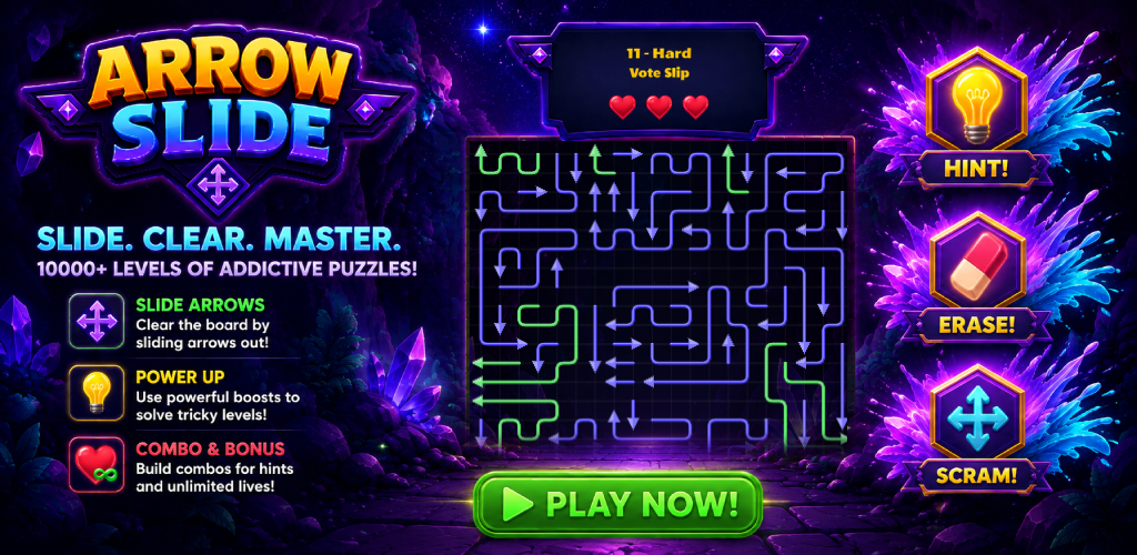 Arrow Slide gameplay set inside a glowing crystal cavern