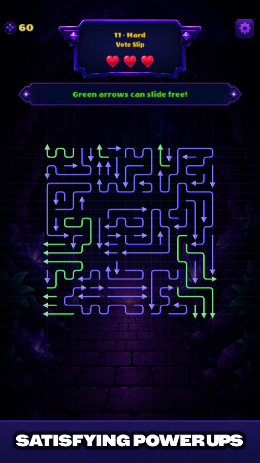 Green arrows clearing freely from the puzzle board